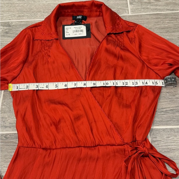 NWT! Paige Tulip Red Parisa Embroidered Detail Satin Wrap Dress. Size XS. - Picture 10 of 14